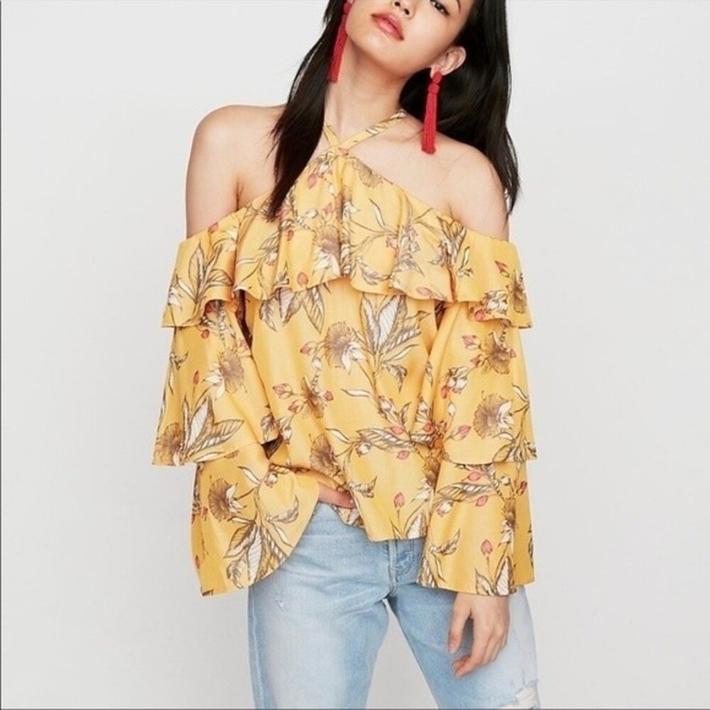 Express Tiered Off Shoulder Floral Blouse in Marigold Yellow M NWOT